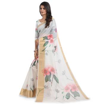 White printed chanderi saree with blouse 3