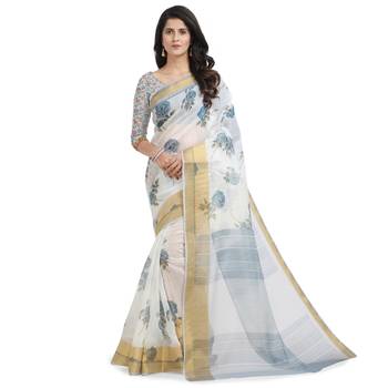 White printed chanderi saree with blouse 1