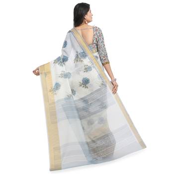 White printed chanderi saree with blouse 2