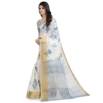 White printed chanderi saree with blouse 3