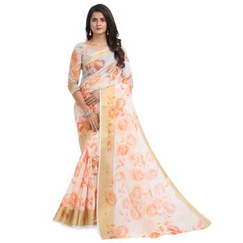 White printed chanderi saree with blouse 1