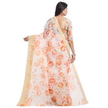 White printed chanderi saree with blouse 2