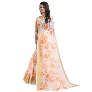 White printed chanderi saree with blouse 3
