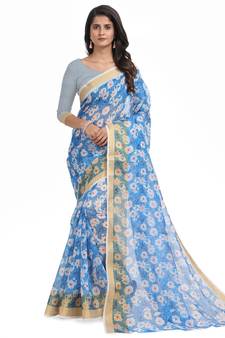 Blue printed chanderi saree with blouse