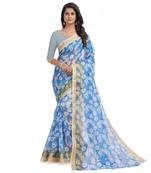 Blue printed chanderi saree with blouse