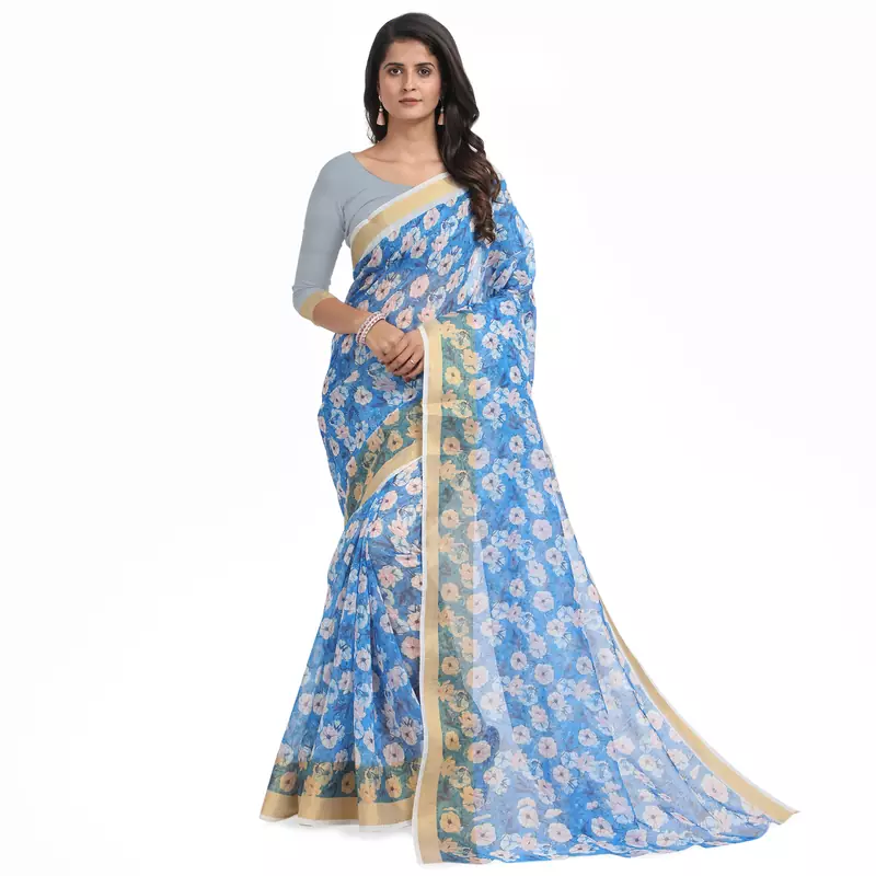 Blue printed chanderi saree with blouse