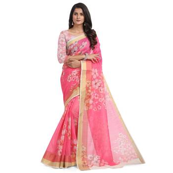 Pink printed chanderi saree with blouse 1