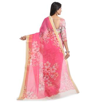 Pink printed chanderi saree with blouse 2