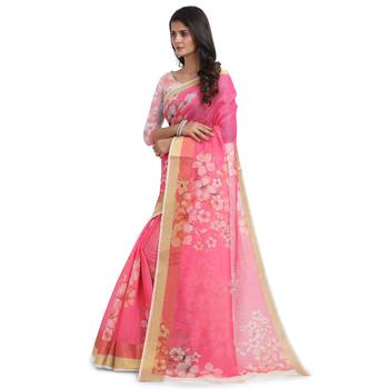 Pink printed chanderi saree with blouse 3