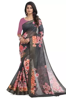 Black printed chanderi saree with blouse