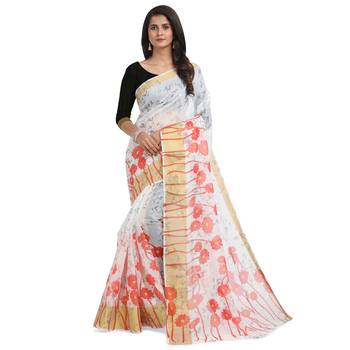 White printed chanderi saree with blouse 1