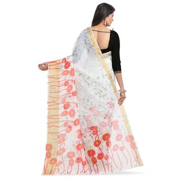 White printed chanderi saree with blouse 2