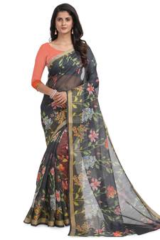 Charcoal printed chanderi saree with blouse