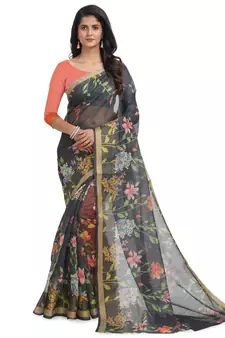 Charcoal printed chanderi saree with blouse