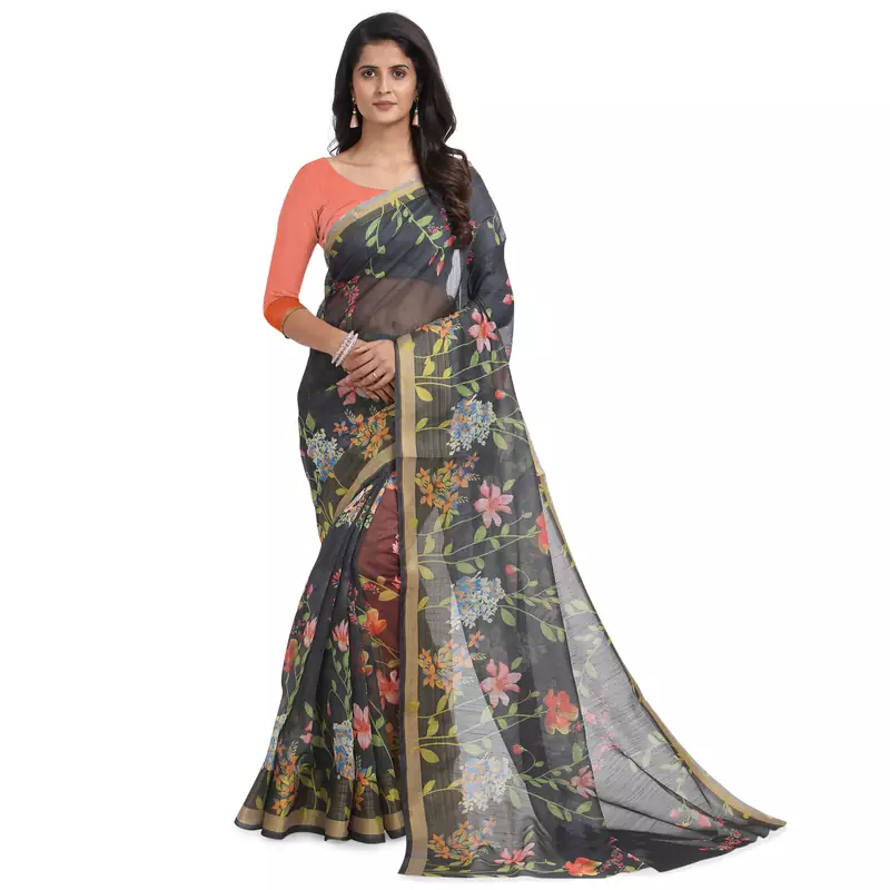 Charcoal printed chanderi saree with blouse