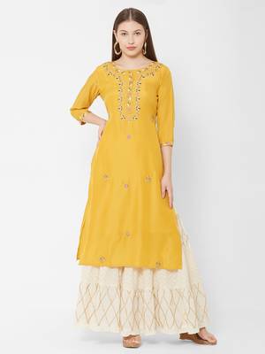 Women's  Mustard Muslin & Cotton Embroidered Straight Kurta 1