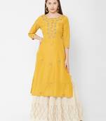 Women's  Mustard Muslin & Cotton Embroidered Straight Kurta