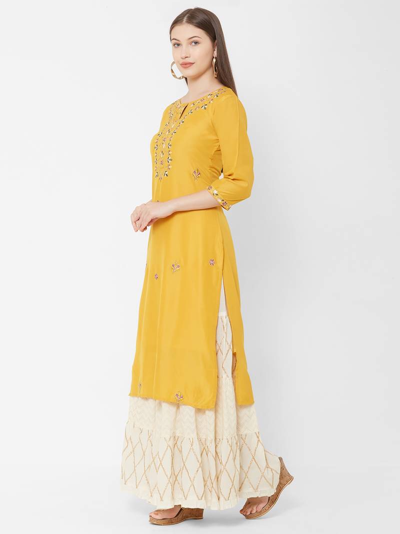 Women's  Mustard Muslin & Cotton Embroidered Straight Kurta