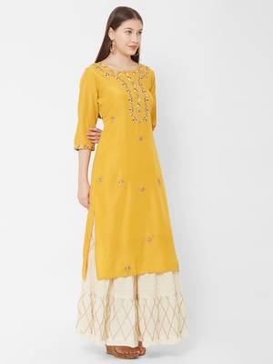 Women's  Mustard Muslin & Cotton Embroidered Straight Kurta 3