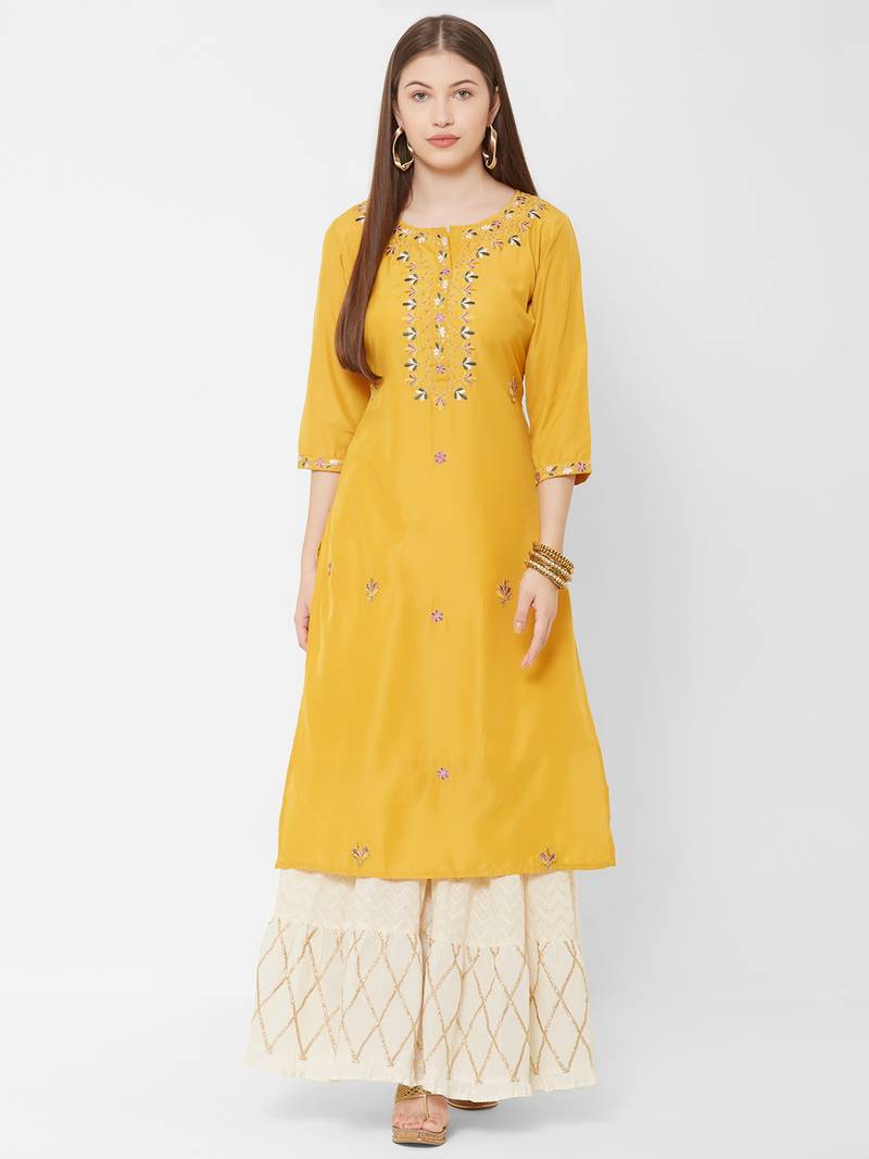 Women's  Mustard Muslin & Cotton Embroidered Straight Kurta