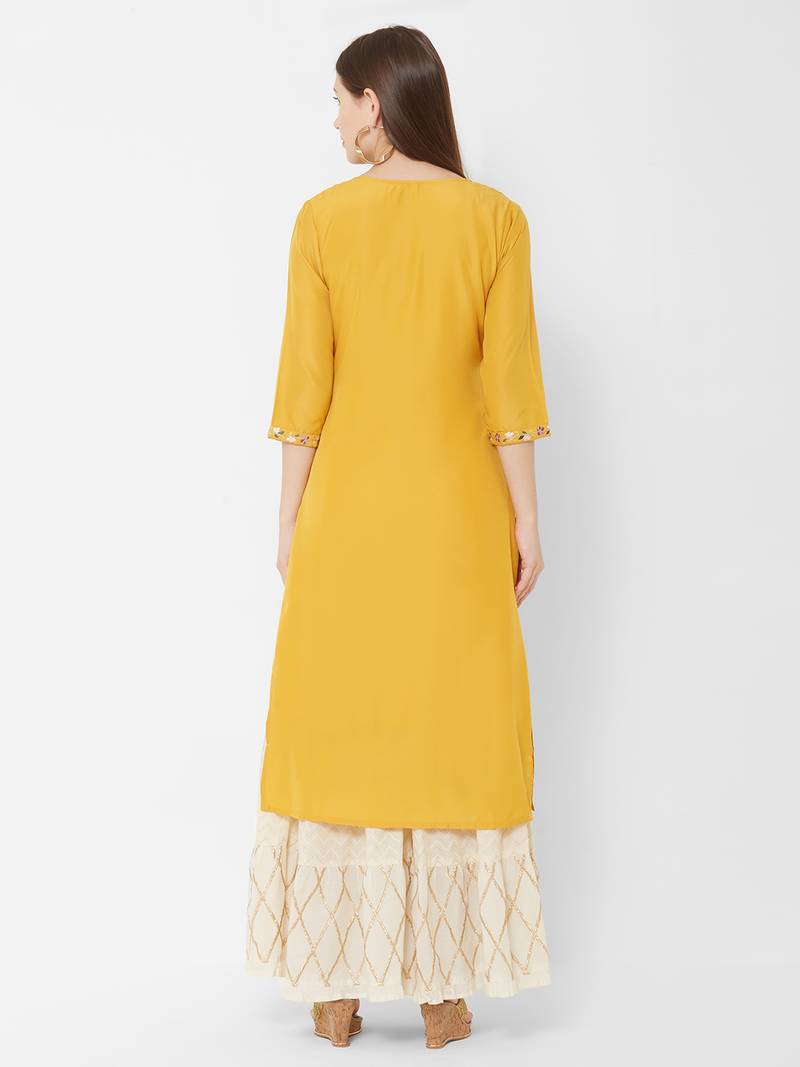 Women's  Mustard Muslin & Cotton Embroidered Straight Kurta