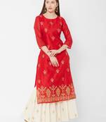 Women's  Red Chanderi & Cotton Embroidered Straight Kurta
