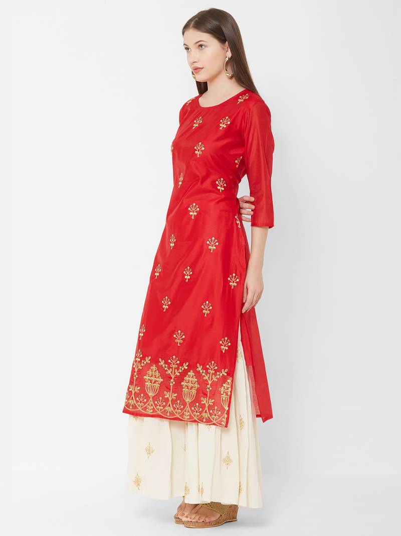 Women's  Red Chanderi & Cotton Embroidered Straight Kurta