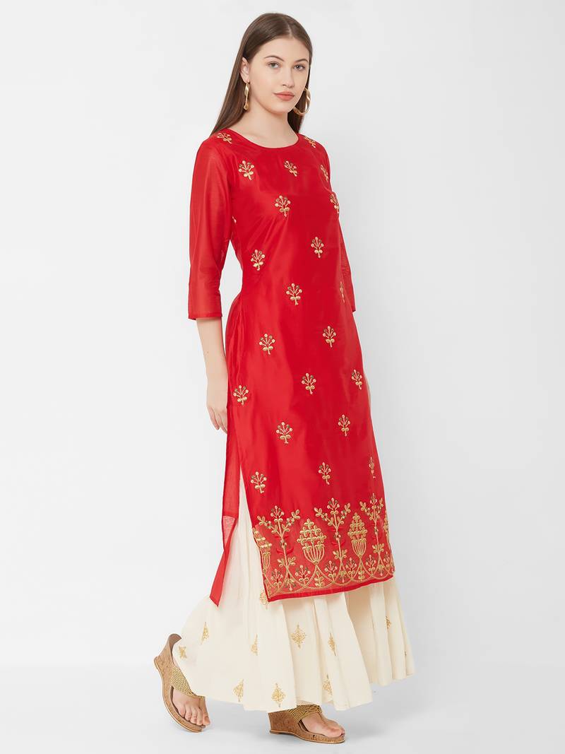 Women's  Red Chanderi & Cotton Embroidered Straight Kurta