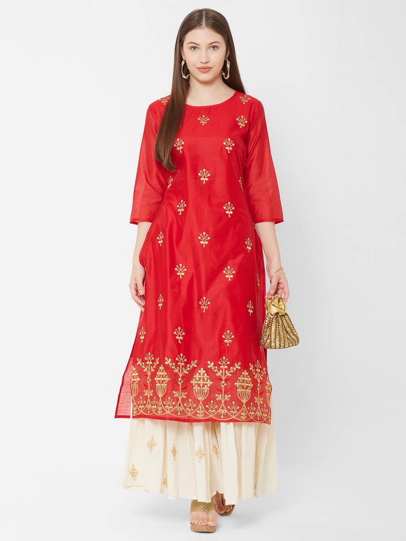 Women's  Red Chanderi & Cotton Embroidered Straight Kurta