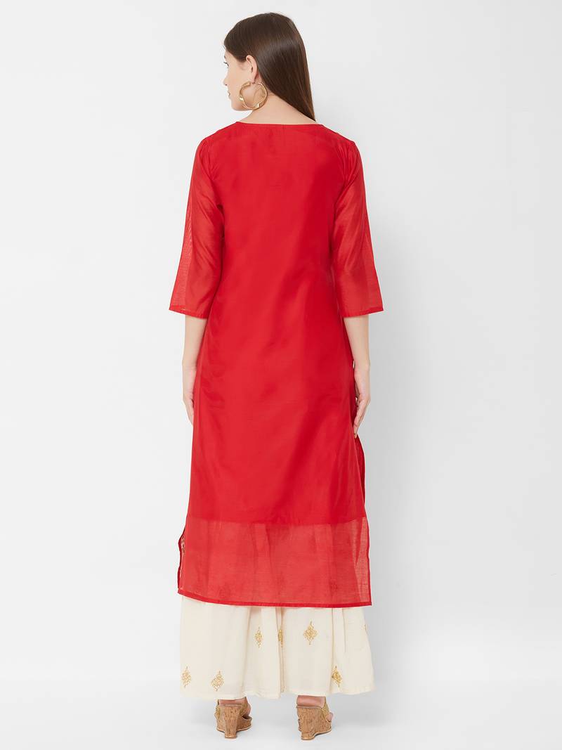 Women's  Red Chanderi & Cotton Embroidered Straight Kurta