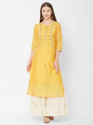 Women's  Mustard Chanderi & Cotton Embroidered Straight Kurta 1