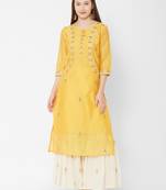 Women's  Mustard Chanderi & Cotton Embroidered Straight Kurta