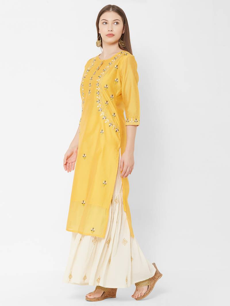Women's  Mustard Chanderi & Cotton Embroidered Straight Kurta