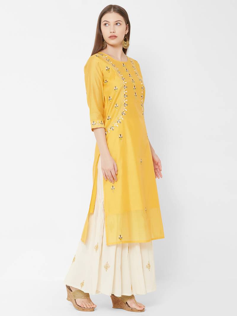 Women's  Mustard Chanderi & Cotton Embroidered Straight Kurta