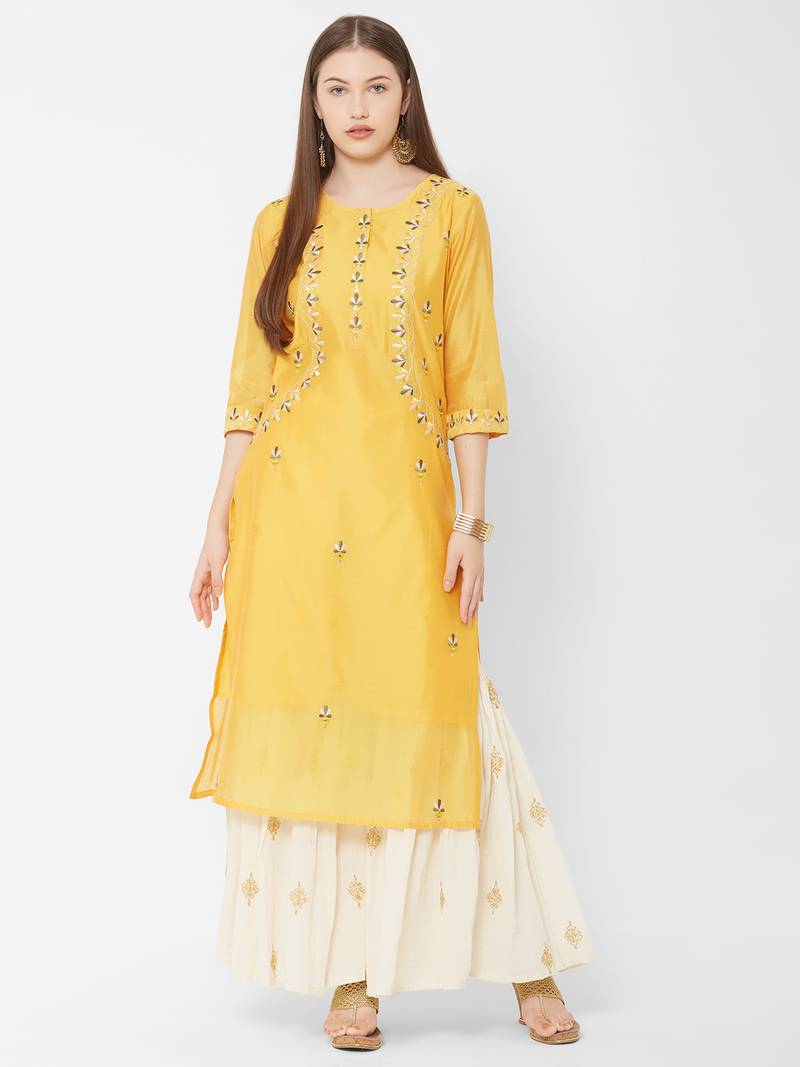 Women's  Mustard Chanderi & Cotton Embroidered Straight Kurta
