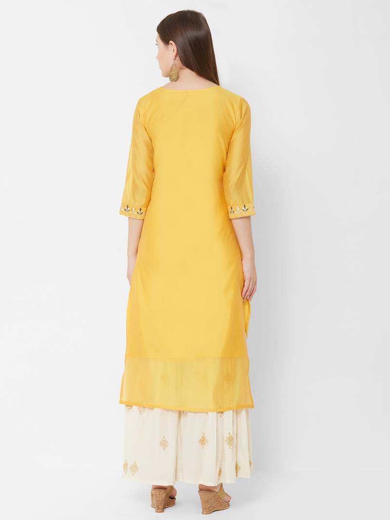 Women's  Mustard Chanderi & Cotton Embroidered Straight Kurta