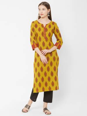Women's  Mustard Cotton Printed Straight Kurta 1