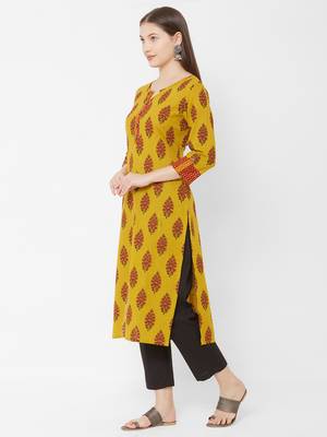 Women's  Mustard Cotton Printed Straight Kurta 2