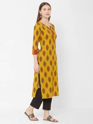Women's  Mustard Cotton Printed Straight Kurta 3