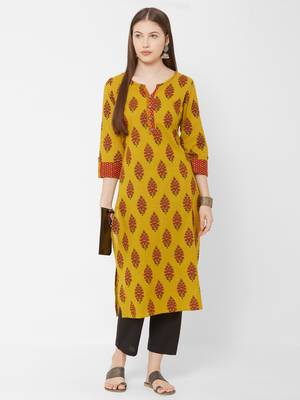 Women's  Mustard Cotton Printed Straight Kurta 4