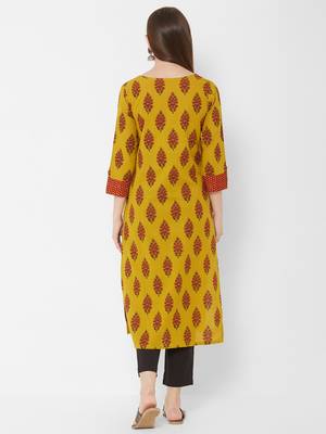 Women's  Mustard Cotton Printed Straight Kurta 5