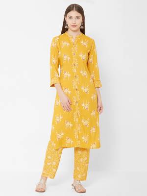 Women's Mustard Rayon Printed Straight Kurta Pant Set 1