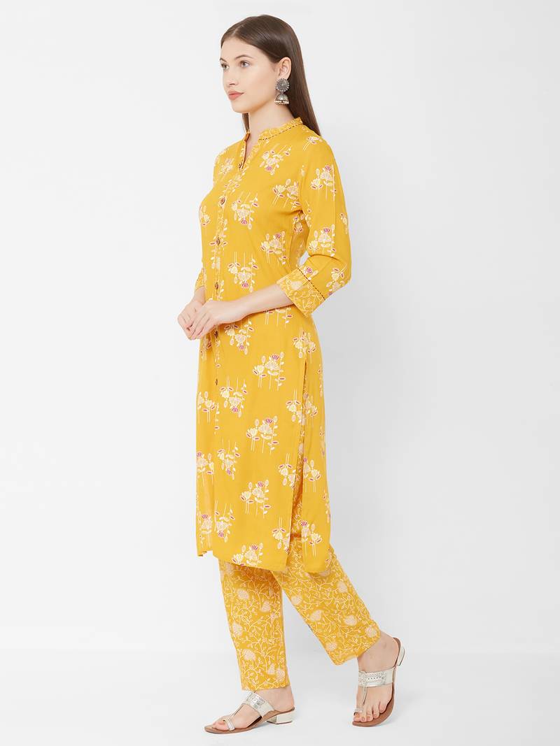 Women's Mustard Rayon Printed Straight Kurta Pant Set