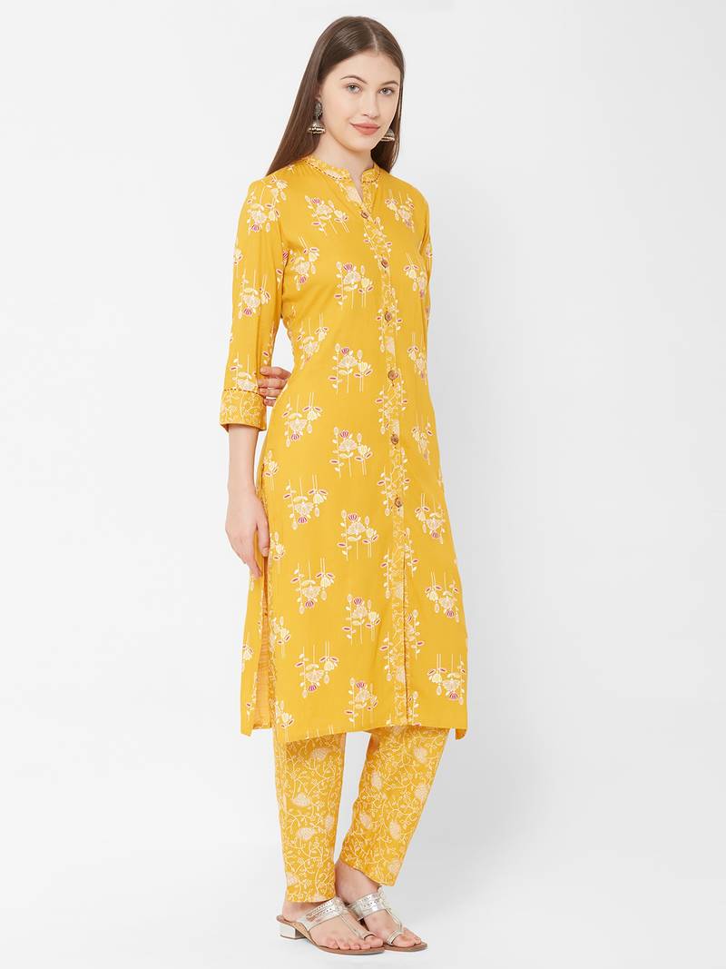Women's Mustard Rayon Printed Straight Kurta Pant Set