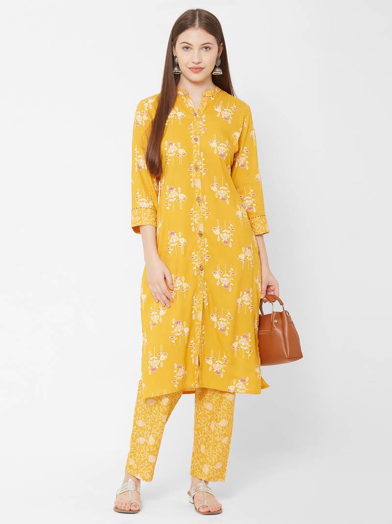 Women's Mustard Rayon Printed Straight Kurta Pant Set