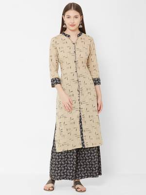 Women's Chiku Floral Straight Cotton Slub Kurta & Rayon Palazzo Set 1
