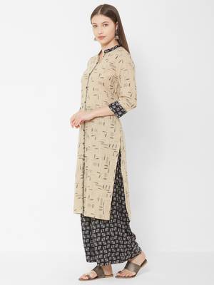 Women's Chiku Floral Straight Cotton Slub Kurta & Rayon Palazzo Set 2