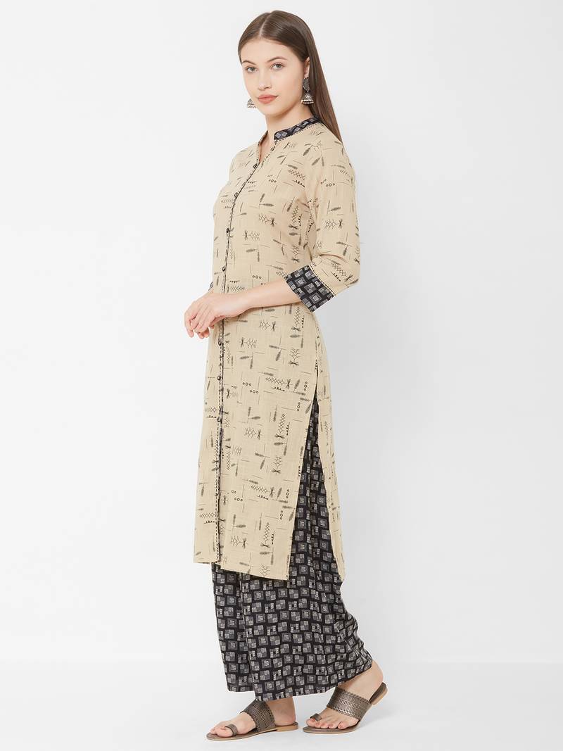 Women's Chiku Floral Straight Cotton Slub Kurta & Rayon Palazzo Set