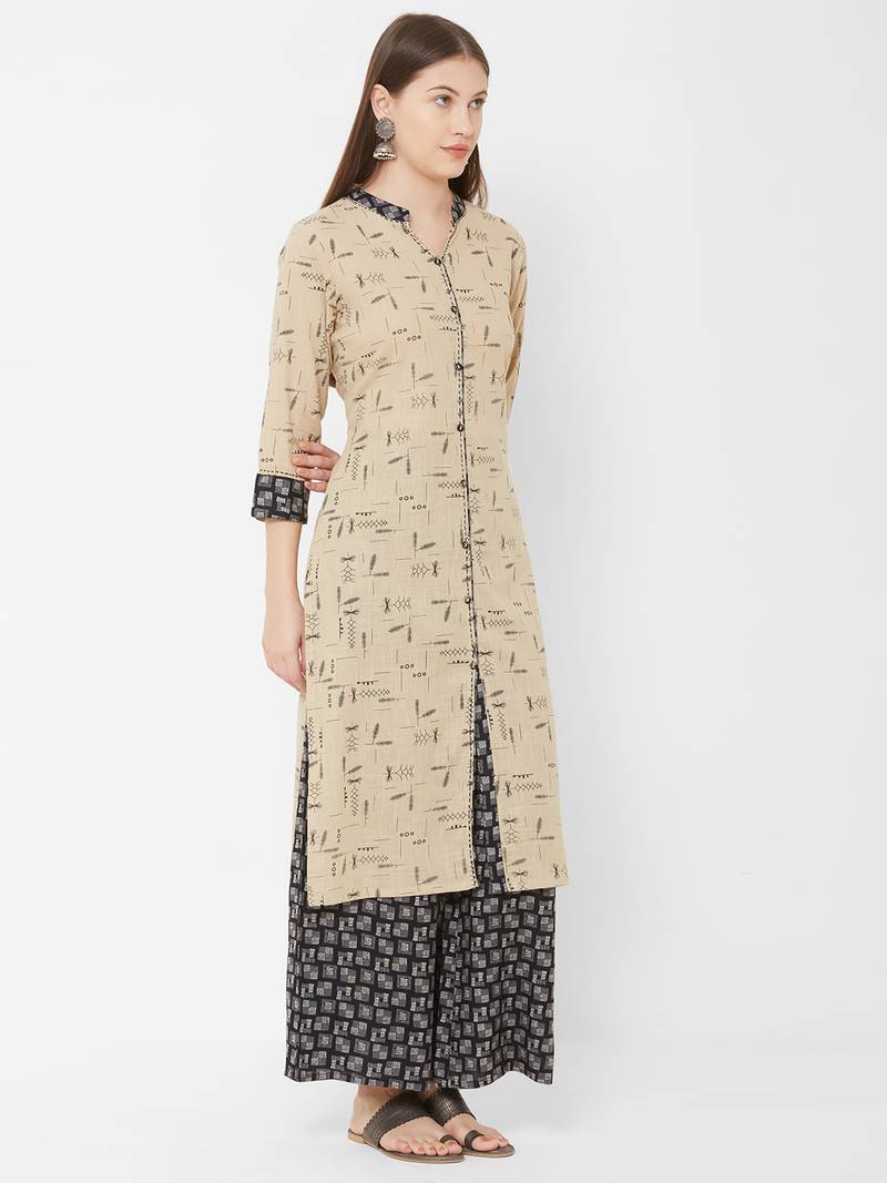 Women's Chiku Floral Straight Cotton Slub Kurta & Rayon Palazzo Set
