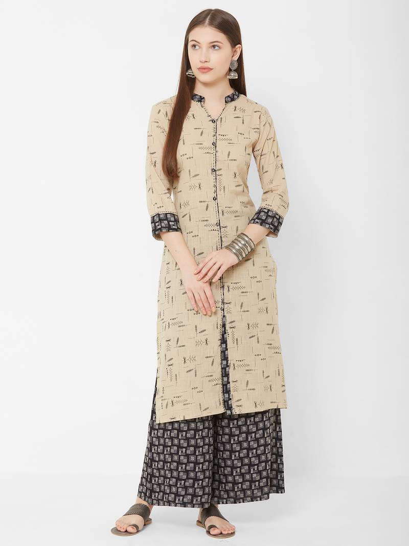 Women's Chiku Floral Straight Cotton Slub Kurta & Rayon Palazzo Set